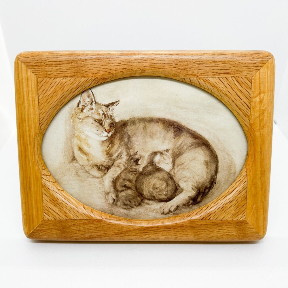Vintage Solid Wood Framed Postcard Cat Kittens Sepia Art